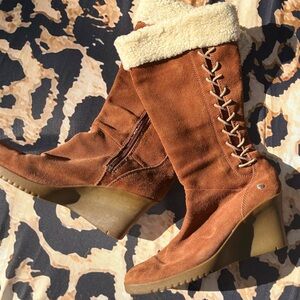 UGG  Brown Suede Wedge Boots with Cream Sherling Lining